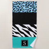 Leopard Print, Zebra Print, Blau, Monogramm Strandtuch (Vorderseite)