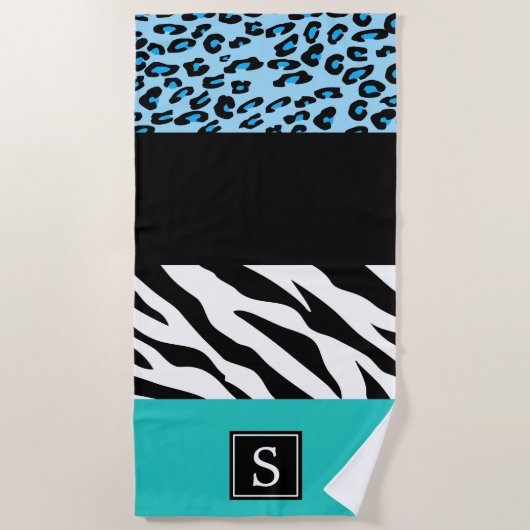 Leopard Print, Zebra Print, Blau, Monogramm Strandtuch (Vorderseite)