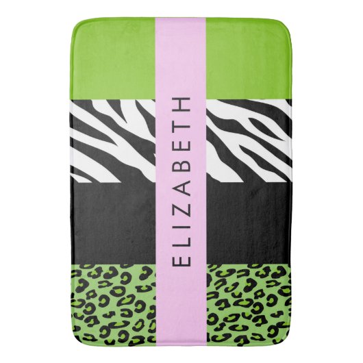Leopard Print, Zebra Print, Green, Ihr Name Badematte (Vorderseite Vertikal)