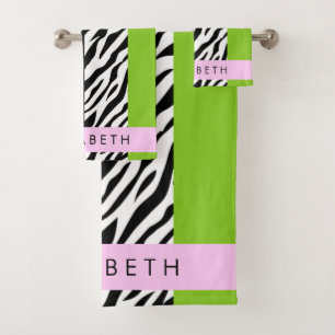 Leopard Print, Zebra Print, Green, Ihr Name Badhandtuch Set