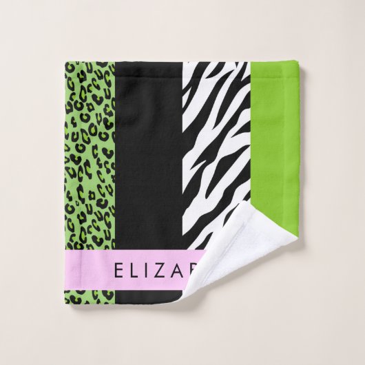 Leopard Print, Zebra Print, Green, Ihr Name Badhandtuch Set (Waschlappen)