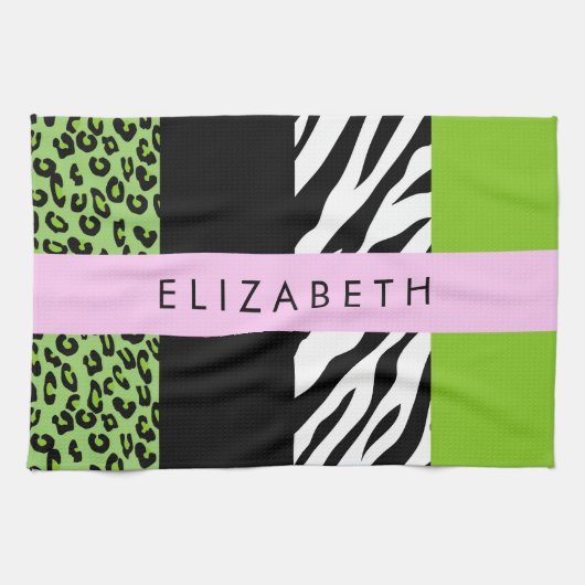 Leopard Print, Zebra Print, Green, Ihr Name Geschirrtuch (Horizontal)