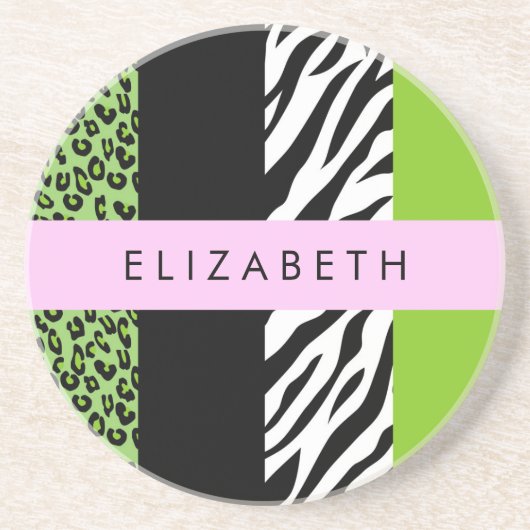 Leopard Print, Zebra Print, Green, Ihr Name Getränkeuntersetzer (Vorne)