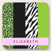 Leopard Print, Zebra Print, Green, Ihr Name Getränkeuntersetzer (Vorderseite)