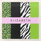 Leopard Print, Zebra Print, Green, Ihr Name Glasuntersetzer (Vorderseite)