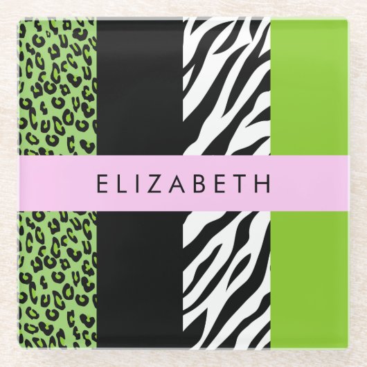 Leopard Print, Zebra Print, Green, Ihr Name Glasuntersetzer (Vorderseite)