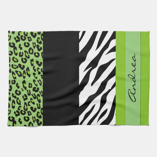 Leopard Print, Zebra Print, Green, Ihr Name Handtuch (Horizontal)