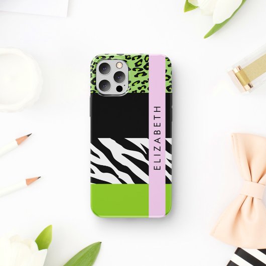 Leopard Print, Zebra Print, Green, Ihr Name iPhone 16 Hülle