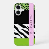 Leopard Print, Zebra Print, Green, Ihr Name iPhone 16 Hülle (Rückseite)