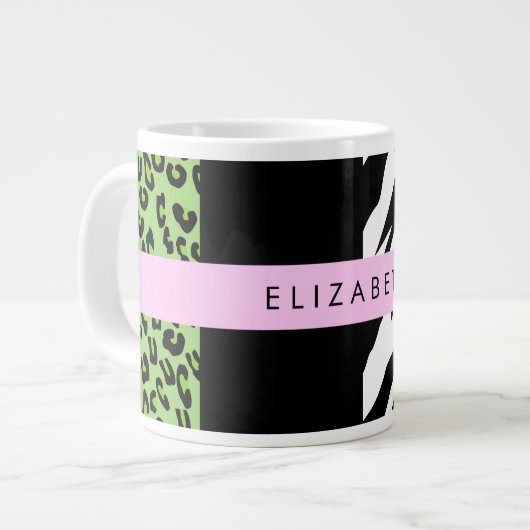 Leopard Print, Zebra Print, Green, Ihr Name Jumbo-Tasse (Vorderseite Links)