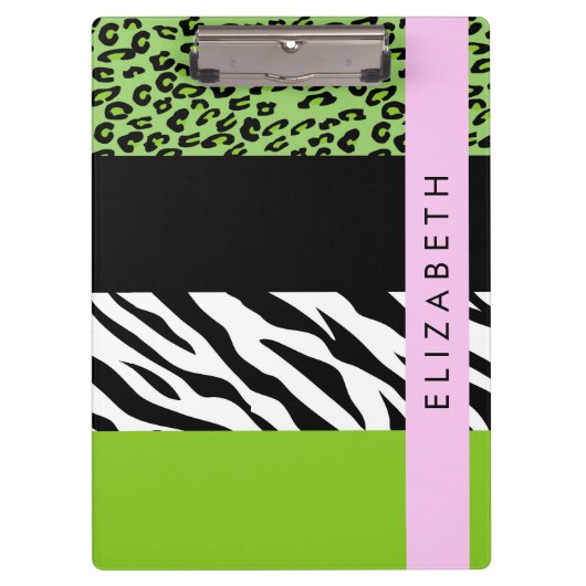 Leopard Print, Zebra Print, Green, Ihr Name Klemmbrett (Vorderseite)