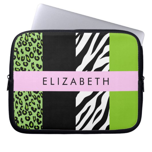 Leopard Print, Zebra Print, Green, Ihr Name Laptopschutzhülle (Vorderseite)
