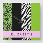 Leopard Print, Zebra Print, Green, Ihr Name Quadratische Wanduhr (Vorderseite)