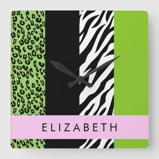 Leopard Print, Zebra Print, Green, Ihr Name Quadratische Wanduhr (Vorderseite)