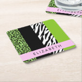 Leopard Print, Zebra Print, Green, Ihr Name Rechteckiger Pappuntersetzer (angewinkelt)