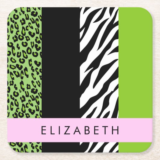 Leopard Print, Zebra Print, Green, Ihr Name Rechteckiger Pappuntersetzer (Vorderseite)