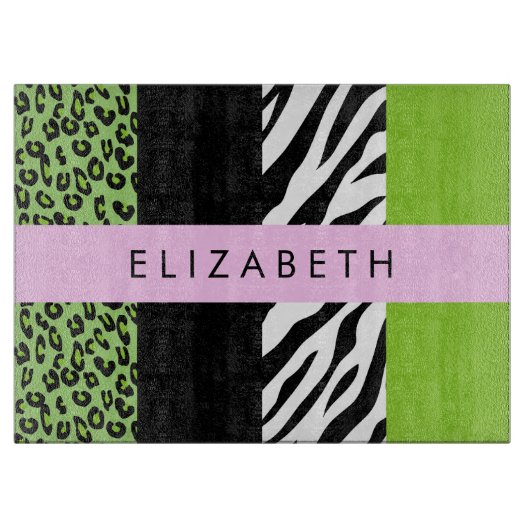 Leopard Print, Zebra Print, Green, Ihr Name Schneidebrett (Vorderseite)