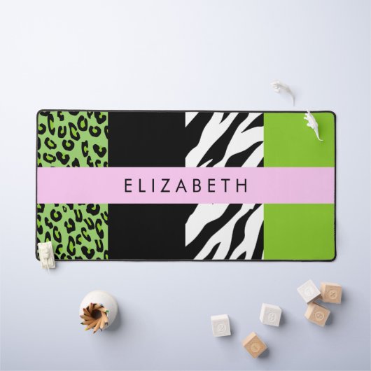 Leopard Print, Zebra Print, Green, Ihr Name Schreibtischunterlage (Kindertisch)