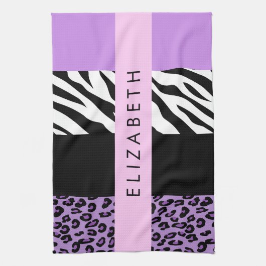 Leopard Print, Zebra Print, Lila, Ihr Name Geschirrtuch (Vertikal)