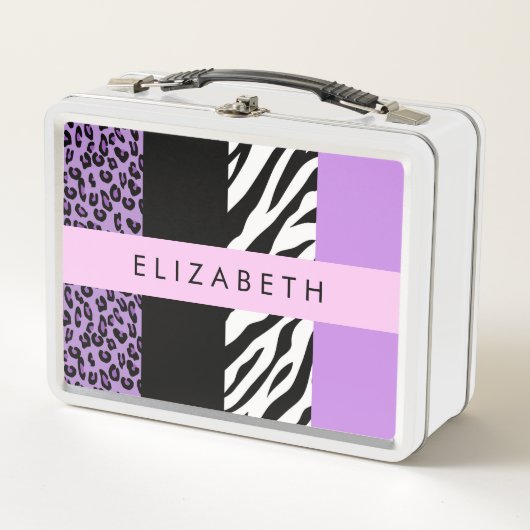 Leopard Print, Zebra Print, Lila, Ihr Name Metall Brotdose (Vorderseite)