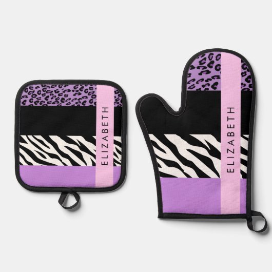 Leopard Print, Zebra Print, Lila, Ihr Name Ofenhandschuh & Topflappen-Set (Vorderseite)