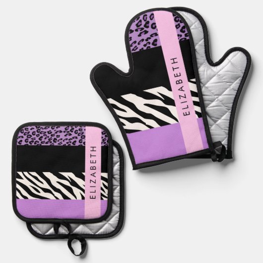 Leopard Print, Zebra Print, Lila, Ihr Name Ofenhandschuh & Topflappen-Set (Vorderseite/Rückseite)