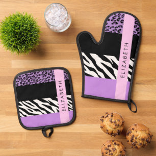 Leopard Print, Zebra Print, Lila, Ihr Name Ofenhandschuh & Topflappen-Set
