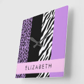 Leopard Print, Zebra Print, Lila, Ihr Name Quadratische Wanduhr (Winkel)