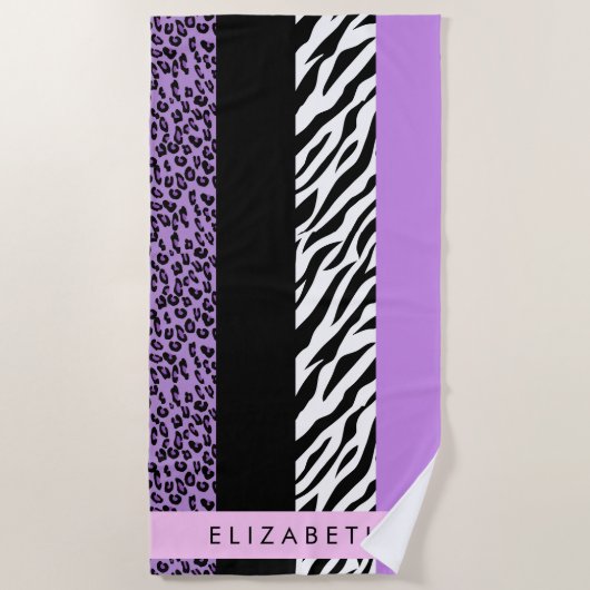 Leopard Print, Zebra Print, Lila, Ihr Name Strandtuch (Vorderseite)
