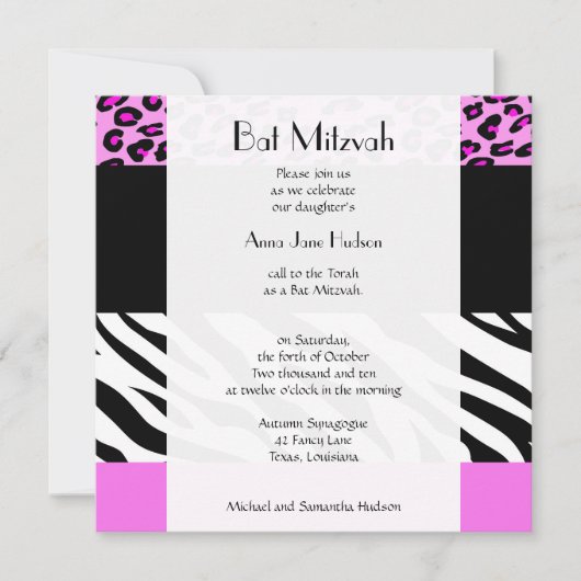 Leopard Print, Zebra Print, Pink, Bat Mitzvah Einladung (Vorderseite)