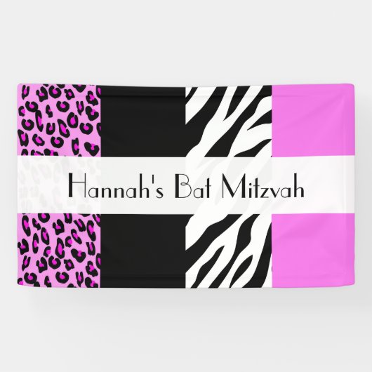 Leopard Print, Zebra Print, Rosa, Bat Mitzvah Banner (Horizontal)
