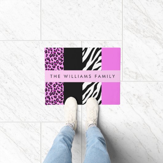 Leopard Print, Zebra Print, Rosa, Ihr Name Fußmatte (Indoor)
