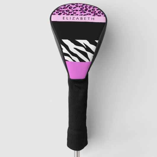 Leopard Print, Zebra Print, Rosa, Ihr Name Golf Headcover (Vorderseite)