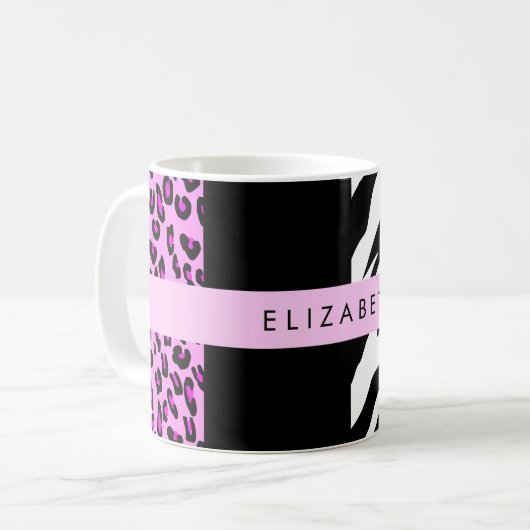 Leopard Print, Zebra Print, Rosa, Ihr Name Kaffeetasse (Vorderseite Links)