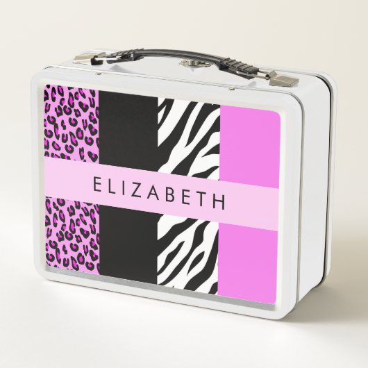 Leopard Print, Zebra Print, Rosa, Ihr Name Metall Brotdose (Rückseite)