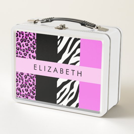 Leopard Print, Zebra Print, Rosa, Ihr Name Metall Brotdose (Vorderseite)