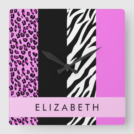 Leopard Print, Zebra Print, Rosa, Ihr Name Quadratische Wanduhr (Vorderseite)