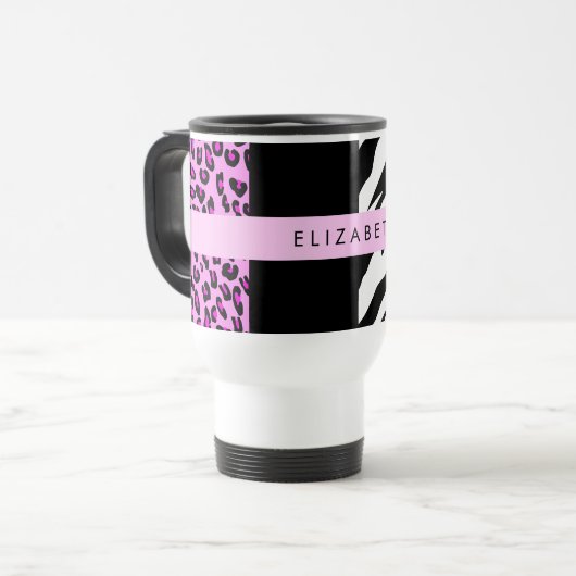 Leopard Print, Zebra Print, Rosa, Ihr Name Reisebecher (Vorderseite Links)