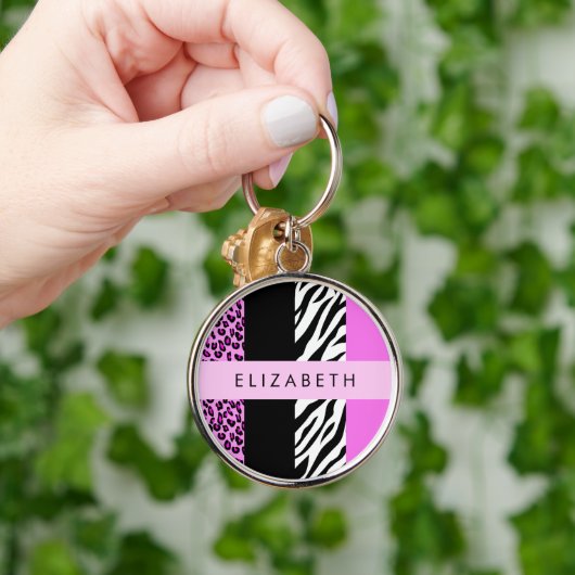 Leopard Print, Zebra Print, Rosa, Ihr Name Schlüsselanhänger (Hand)