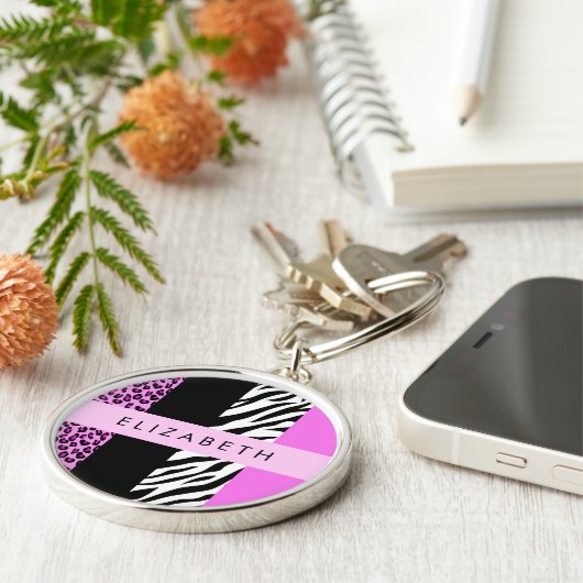 Leopard Print, Zebra Print, Rosa, Ihr Name Schlüsselanhänger (Seite)