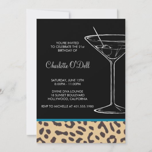 Leopard-Printmartini Geburtstag Einladung (Vorderseite)