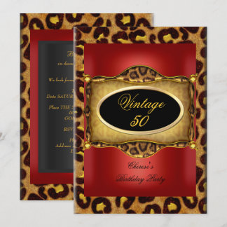 Leopard Red Black Birthday Elegante Vintag Einladung
