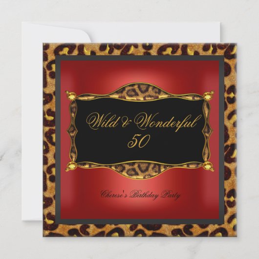 Leopard Red Gold Black Birthday Party Wild 50 Einladung (Vorderseite)