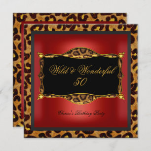 Leopard Red Gold Black Birthday Party Wild 50 Einladung