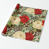 Leopard & Red Rose Muster - Schickes florales Tier Geschenkpapier (Ungerollt)