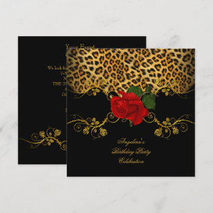 Leopard-Rosen Rot Schwarz Gold Geburtstagsfeier Einladung