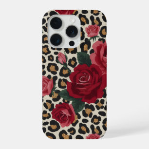 Leopard-Rot-Rosen-Muster iPhone 15 Pro Hülle