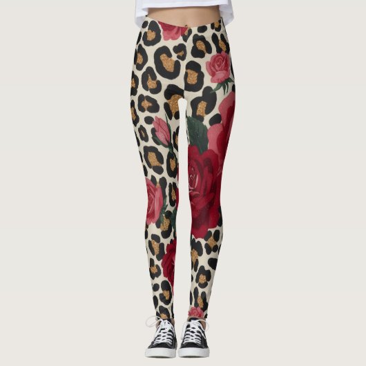 Leopard-Rot-Rosen-Muster Leggings (Vorderseite)