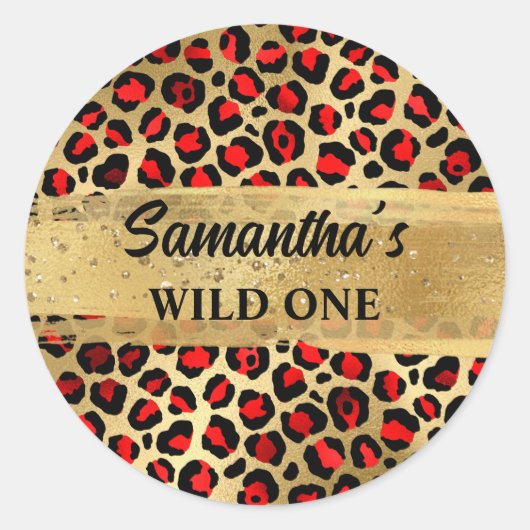 Leopard, Rot und Gold Foil Leopard Wild One Runder Aufkleber (Vorderseite)