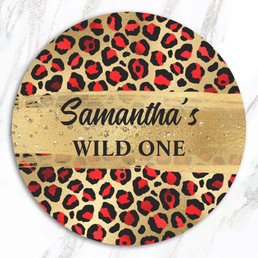 Leopard, Rot und Gold Foil Leopard Wild One Runder Aufkleber